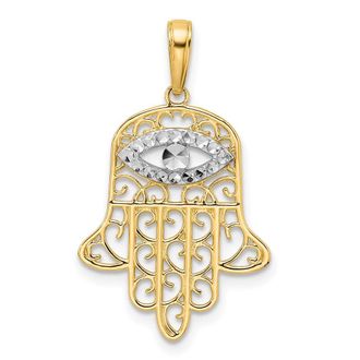 Diamond2Deal 14k Yellow Gold White Rhodium Diamond-Cut Filigree Evil Eye Hamsa Pendant