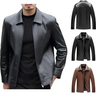 Generic Leather Jacket Mens Faux Leather Biker Jacket with Pockets Pu Turndown Collar Motorbike Jackets Long Sleeve Regular Fit Motorcycle Coats Full Zip Casu