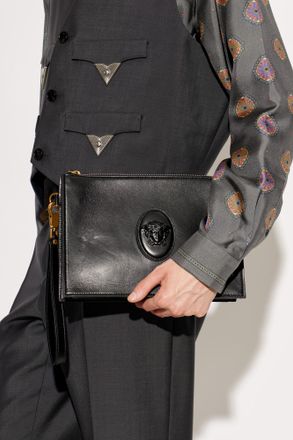 Versace Leather Wristlet Pouch Lou, Mens, Black