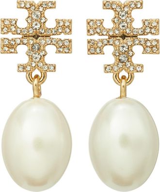 Tory Burch Moondance Pearl and Pav&eacute; Drop Earrings in Tory Gold /Pearl at Nordstrom