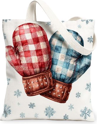 Generic Mittens Canvas Tote Bags, Cozy Plaid Pattern Reusable Shopping Bags, Fun Lightweight Washable Shoulder Strap Canvas for Outdoor Travel Beach Picnic 13