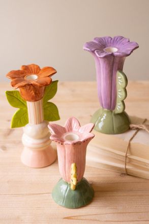 Kalalou Set Of Three Ceramic Flower Taper Candle Holders