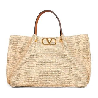 Valentino Garavani Tote Bags, female, Beige, Size: ONE SIZE Medium Raffia V Logo Tote