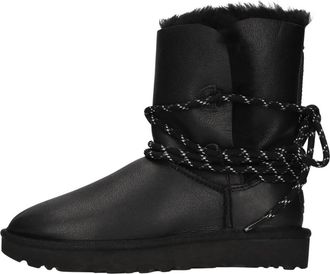 UGG Bailey Tie Leren Enkellaars - Dames - Winterlaarzen - Zwart - 36 EU - Leer - Schoenen