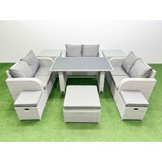 Fimous 9 Seater Patio Garden Furniture Sets with Black Glass Top Dining Table Love Sofa 2 Side Tables 3 Stool Light Grey - Fimous