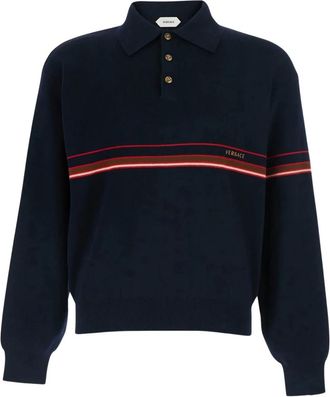Versace Katoenen gebreide polo met geborduurd logo - Heren - Tops - Blauw - Maat: L Katoen