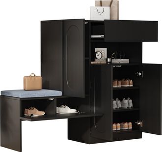 STILVORA Zapatero Con 2 Puertas Abatibles Y Banco Acolchado, Cierre Suave, Estantes Ajustables, En Tablero De Part&iacute;culas, 130&times;35&times;110 Cm, Negro