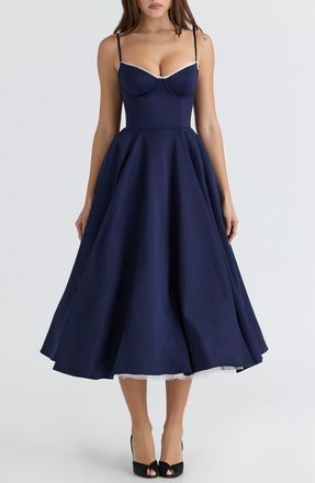 House of CB Mademoiselle Sleeveless Satin Tulle Midi Dress in Navy at Nordstrom, Size X-Large A