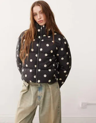 Monki padded puffer jacket in black polka dot