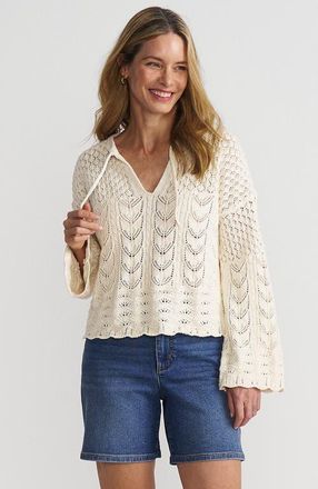 Lands End Cotton Boucle Pointelle Notch Neck Sweater in Fresh Ivory at Nordstrom, Size X-Large