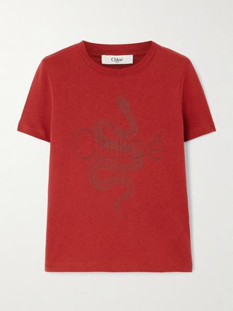 Chloé T-shirt In Jersey Di Cotone Con Stampa - Rosso