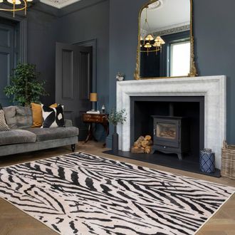 Kukoon Zebra Print Cotton Chenille Rug Black White Machine Washable | Size: 160 cm x 230 cm