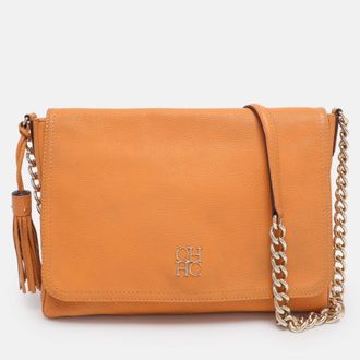 Carolina Herrera Mustard Leather Tassel Flap Chain Shoulder Bag