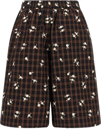 Ganni Check Floral-Embroidered Cotton Bermudas - Black