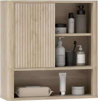 HOMCOM Homcom - armario de ba&ntilde;o de pared con estantes ajustables puerta corredera compartimentos y dise&ntilde;o con perfil curvo 60x20x62 cm natural
