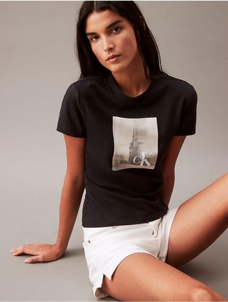 Calvin Klein Womens Empire Graphic Slim Fit T-Shirt - Black - XS