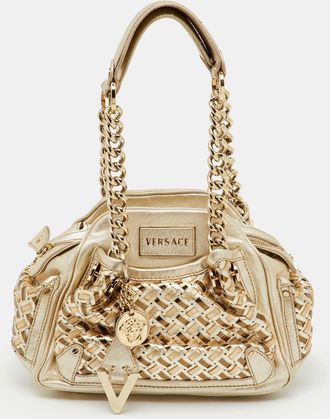 Versace Metallic Gold Woven Leather Chain Link Satchel