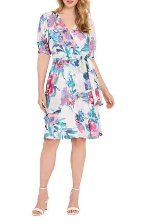 Tahari by ASL Ruffle Hem Faux Wrap Dress in Ivory Floral at Nordstrom, Size 12