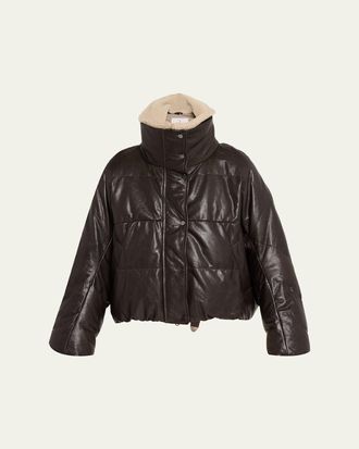 Brunello Cucinelli Waxed Leather Puffer Coat with Shearling Collar