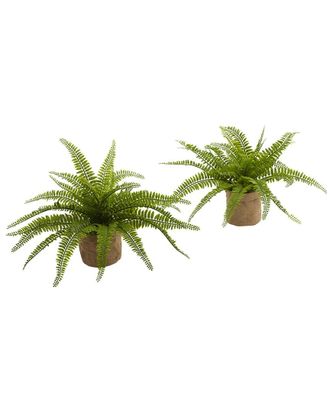 Nearly Natural Set of 2 Boston Ferns with Burlap Planter