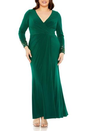 Mac Duggal Long Crystal Detail Sleeve V Neck Gown in Emerald at Nordstrom, Size 16W