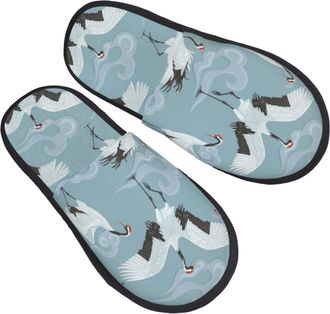 Generic House Slippers Japanese Cranes And Clouds Cozy Fleece Slippers Warm Cotton Slipper For Home Guest Room Winter L