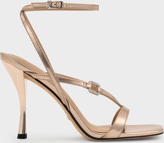 Charles & Keith Metallic Leather Crystal-Buckle Ankle-Strap Heels