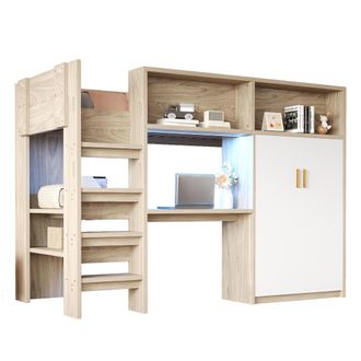 STILVORA Cama Alta Individual Con Escritorio, Armario, Estantes, Almacenaje Y Led, 90 &times; 200 Cm, Sin Colch&oacute;n
