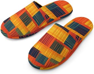 Generic Kente Cloth African Ashanti Ethnic Pattern Flannel Mens Slip-on Slippers Winter Warm House Shoes with Rubber Sole for Home Hotel