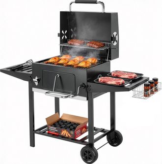 OUTSUNNY Barbacoa De Carb&oacute;n Con Bandeja Ajustable, Estantes Plegables, Term&oacute;metro, Tapa, Chimenea, Ventilaciones, Caj&oacute;n De Cenizas, Ruedas, Negro