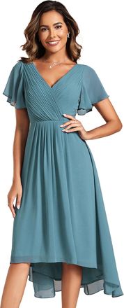 Ever-pretty Cocktail Dress Prom V-Neck A-Line Dress Ruffles Sleeve Knee Length for Prom Homecoming Dusty Blue 24UK