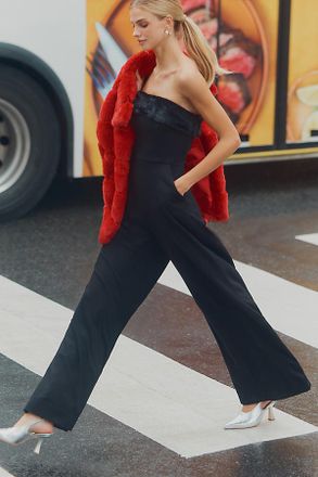 Hutch Faux Fur Trim Strapless Jumpsuit