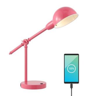 Jonathan Y Designs Curtis Vintage Industrial Iron Adjustable Dome Shade LED Task Lamp with USB Charging Port in Pink at Nordstrom