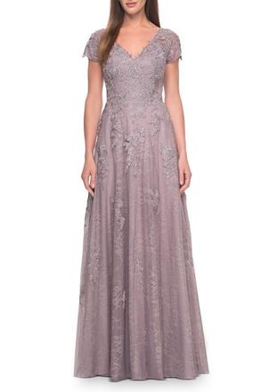 La Femme A-Line Dress with Lace Applique and Sheer Short Sleeves in Dusty Lilac at Nordstrom, Size 12