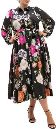 City Chic Mary Long Sleeve Floral Print Shirtdress in Blk Botanique at Nordstrom, Size 12W