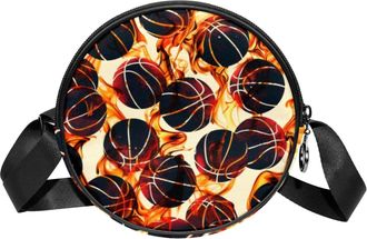 Generic Circle Crossbody Bag for Women, Basketball Fire Small Sling Bag Daypack with Zipper Adjustable Shoulder Straps Casual Ladies Girls Round Purse