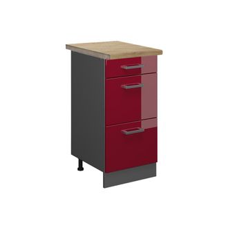 Vicco Mueble Bajo De Cocina R-line, Rojo Burdeos Alto Brillo, 40 Cm Con Cajones, Et Roble Vicco