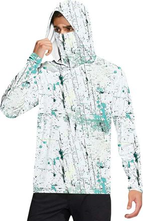 Generic Sun Protection Shirts for Men with Mask UPF 50+ UV Rash Guards Hoodies Long Sleeve Fishing Tees Cooling Print Blouses Camisa Manga Larga Hombre(White,