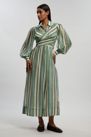 Karen Millen Womens Stripe Slub Organdie Drama Sleeve Woven Wrap Detail Shirt Dress - Multicolour Viscose - Size 14 UK
