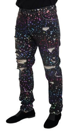 Dolce & Gabbana Mens Black Multicolor Print Tattered Denim Jeans Cotton Clothing