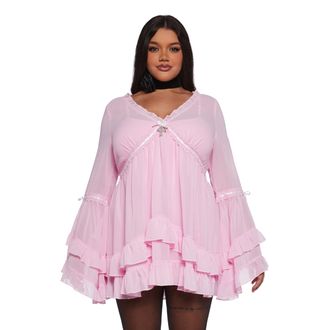 Dolls Kill Real Divinity Mini Dress by Sugar Thrillz - Heavenly Chiffon Dress with Tiered Bell Sleeves and Ruffled Trim, Light Pink, XS