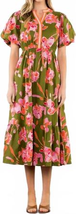 THML Clothing Puff-Sleeves Floral Midi Dress In Olive/pink