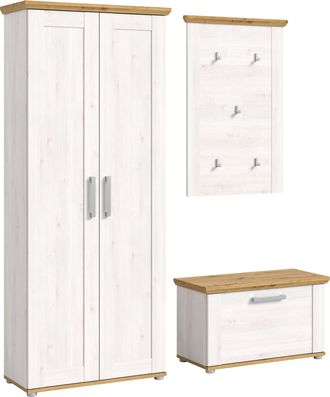 HOME AFFAIRE Garderoben-Set »COSENZA, TOPSELLER!, Breite ca. 175 cm, 3-teilig, in Landhausoptik« bestehend aus: Garderobenschrank, Sitzbank & Garderobenpaneel, 3 S