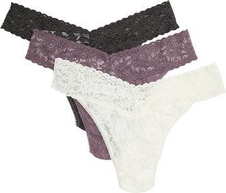 Hanky Panky Signature Lace Low Rise Thong 3-Pack Womens Underwear Marshmallow/Dusk/Granite, Cotton/Lace/Nylon