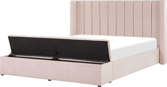 Beliani Cama De Agua Con Somier De Terciopelo Rosa Pastel 160 X 200 Cm Reposacabezas Banco Noyers