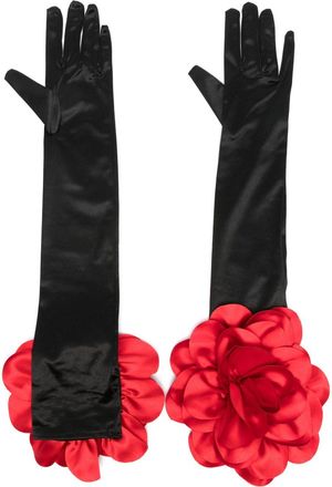 Parlor floral-appliqué satin gloves - women - Fabric - One Size - Black