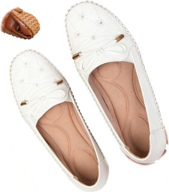 Generic Orthopedic Leather Shoes, Lightweight Anti-Slip Breathable for Women Dressy Slip-On Bow-Knot Flats Loafers Moccasins (6.5,White)