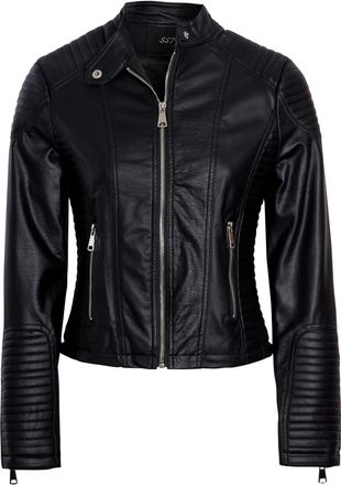 SS7 Womens Faux Leather Quilted Biker Jacket Black