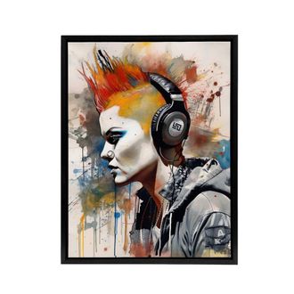 Artery8 Punk Woman With Mohawk & Headphones Framed Canvas Wall Art Print | Size: W24 x H32