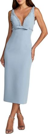 Mac Duggal Plunging Beaded Bow Trim V Neck Fitted Midi Dress in Periwinkle at Nordstrom, Size 12